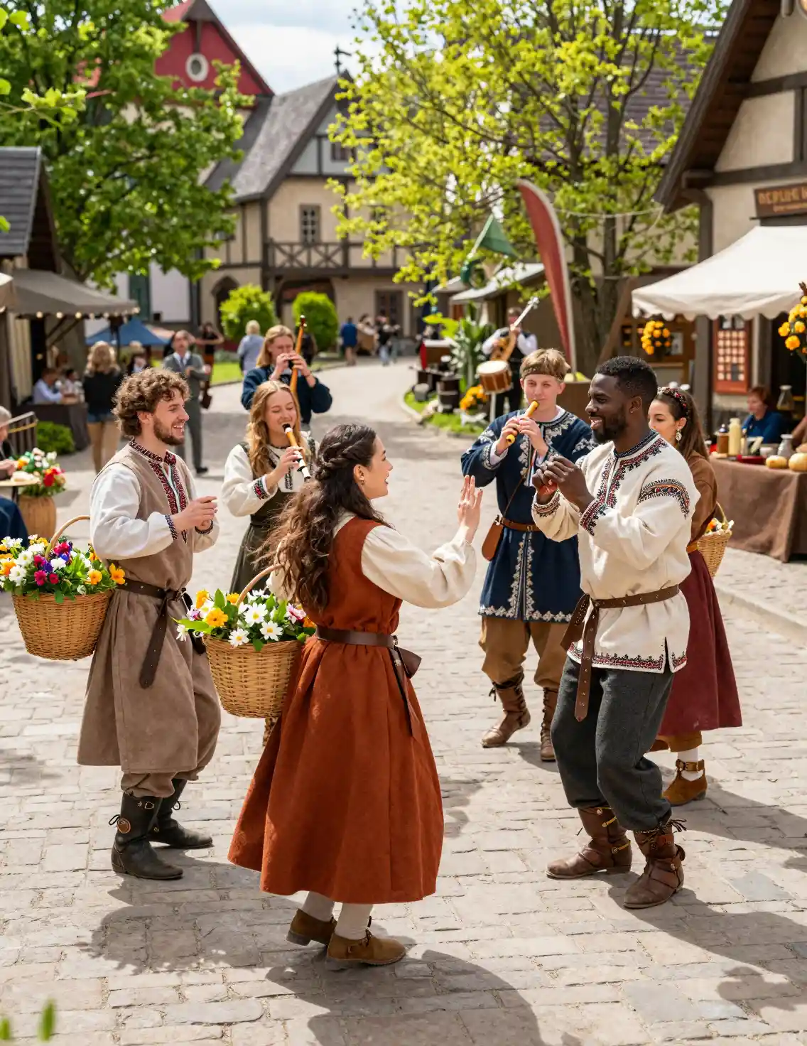 Dancers in embroidered fantasy clothing in a sunny city street