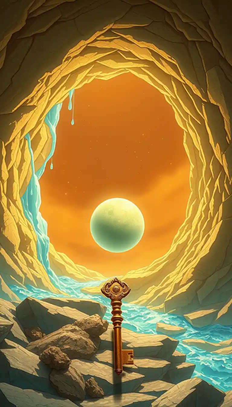 Golden spiral portal with glowing sphere and key