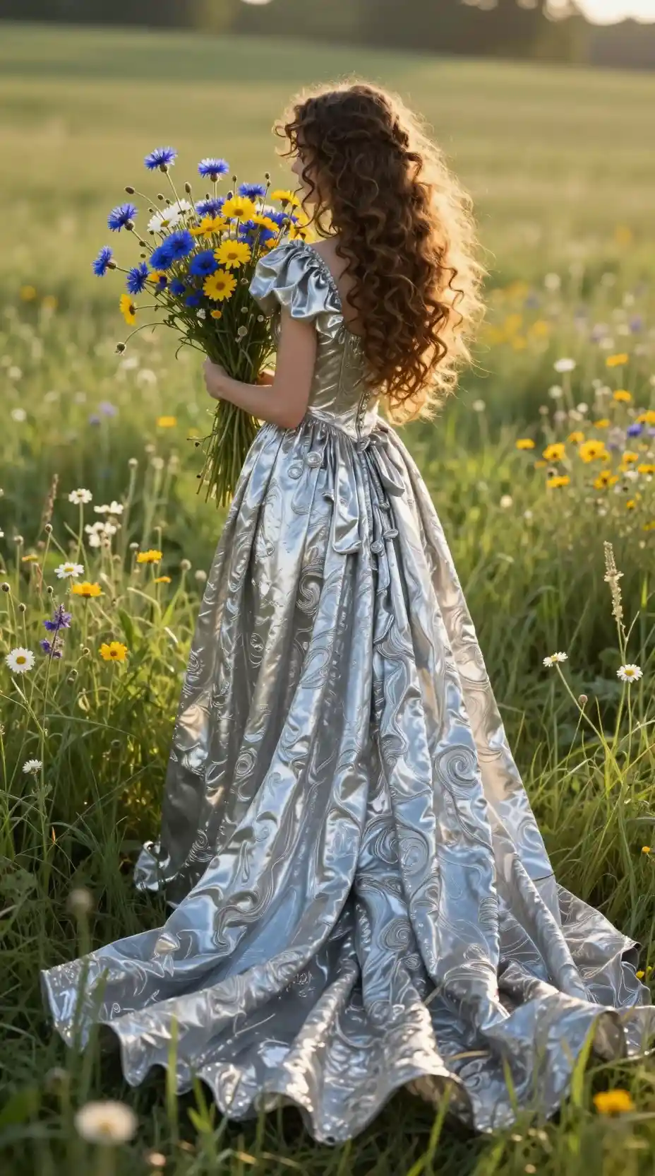 Woman in silver gown holding wildflowers in sunny meadow