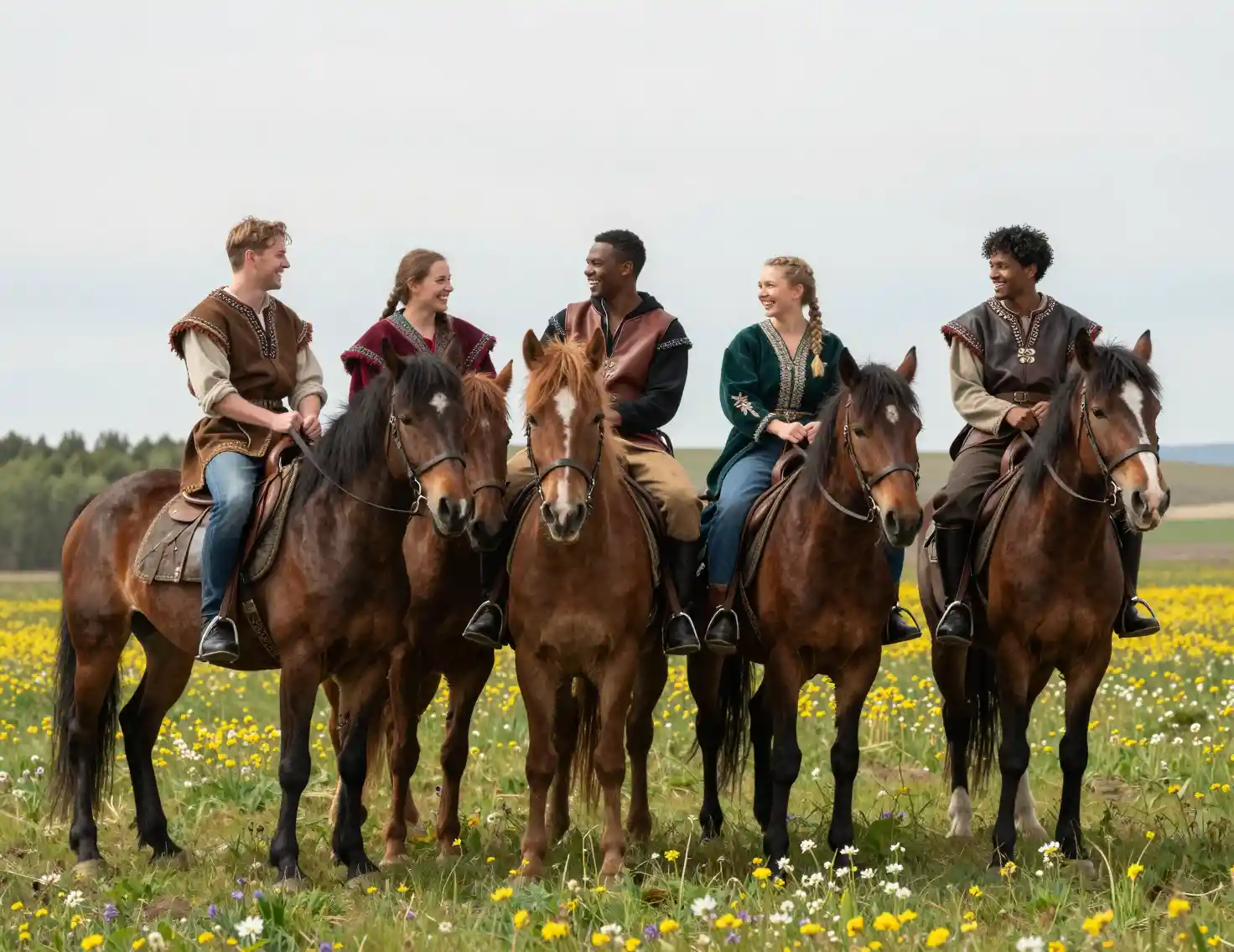 Diverse friends on horseback laughing in a spring flower field