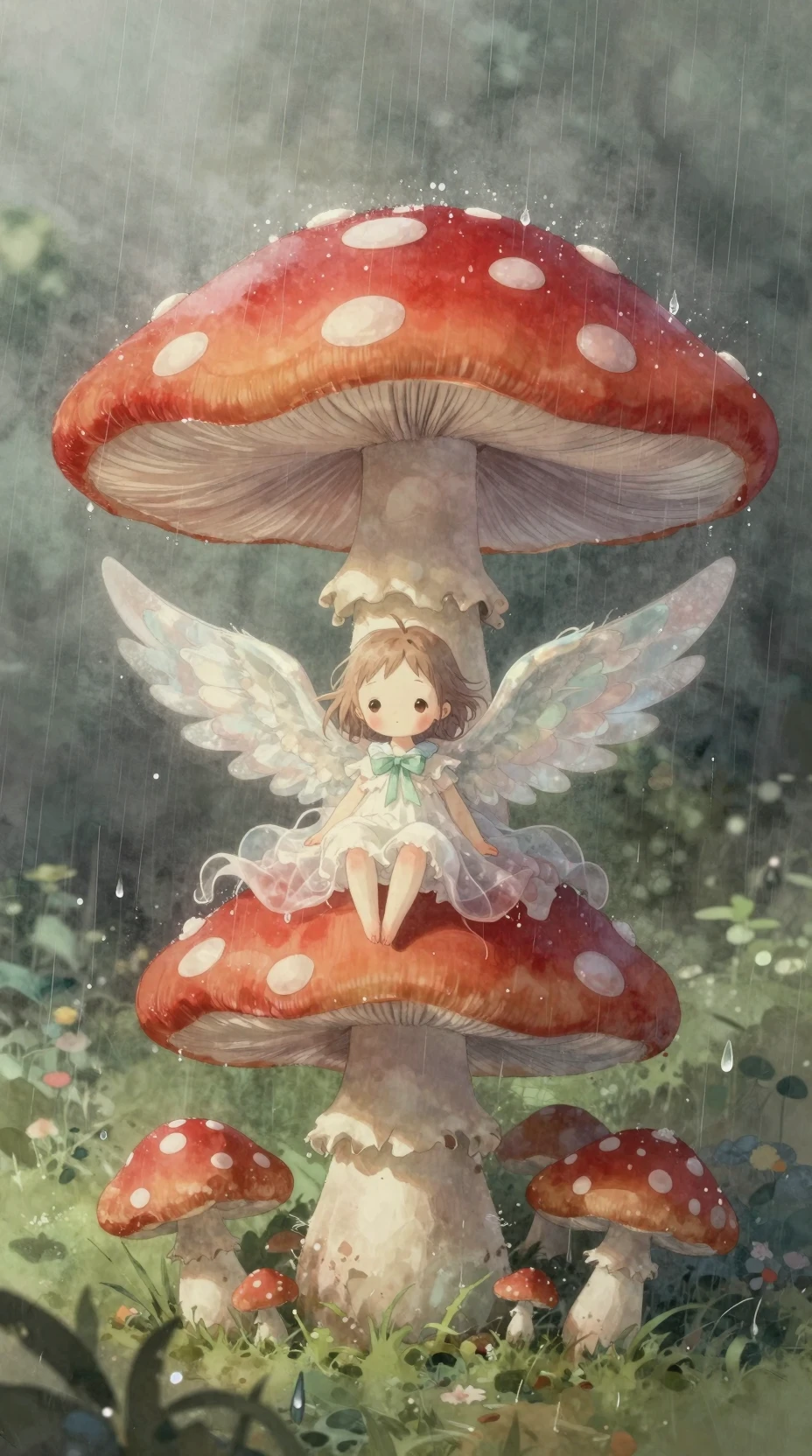 Tiny winged fairy under a red mushroom in rain