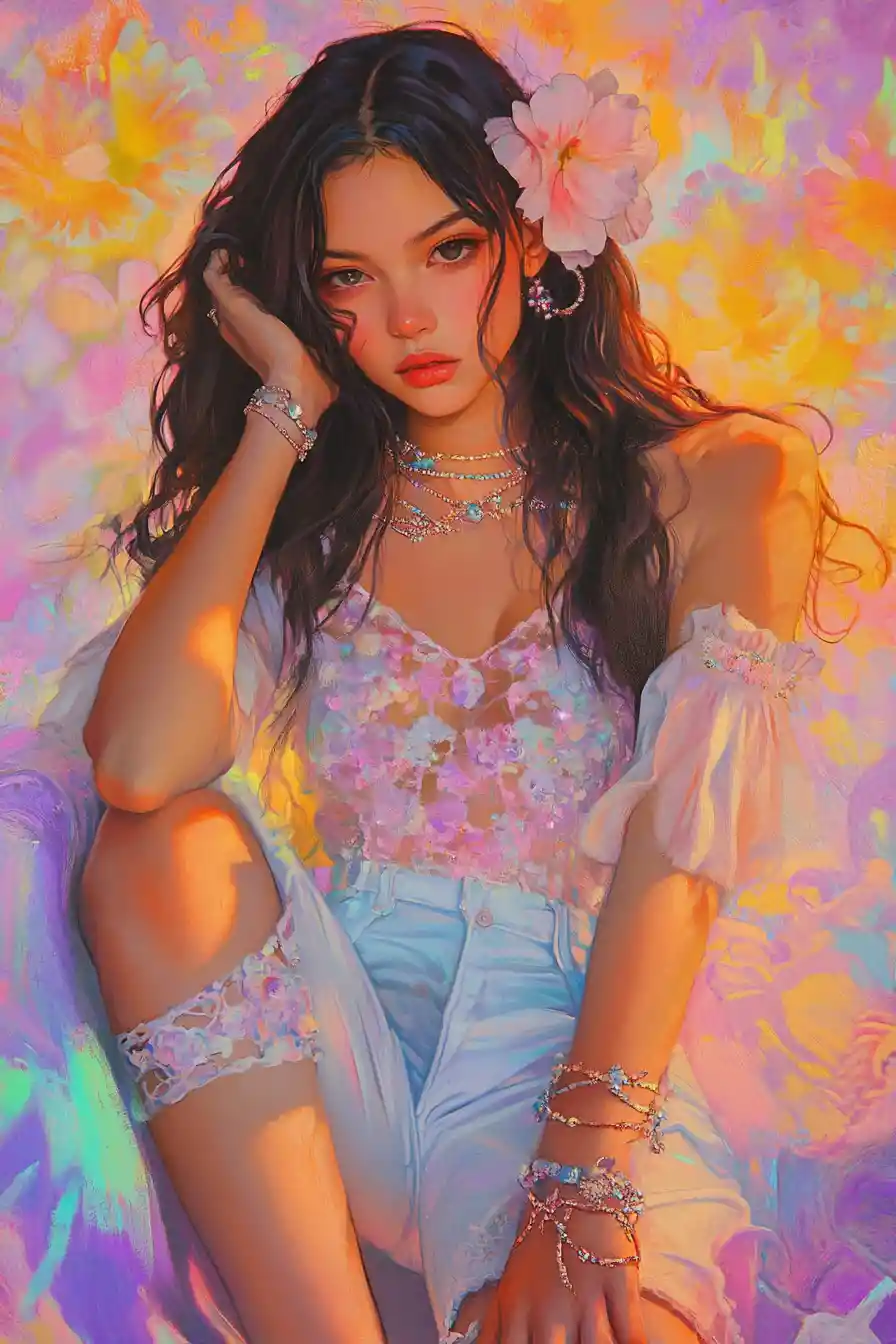 Whimsical pastel fantasy illustration with subtle metallic glamour