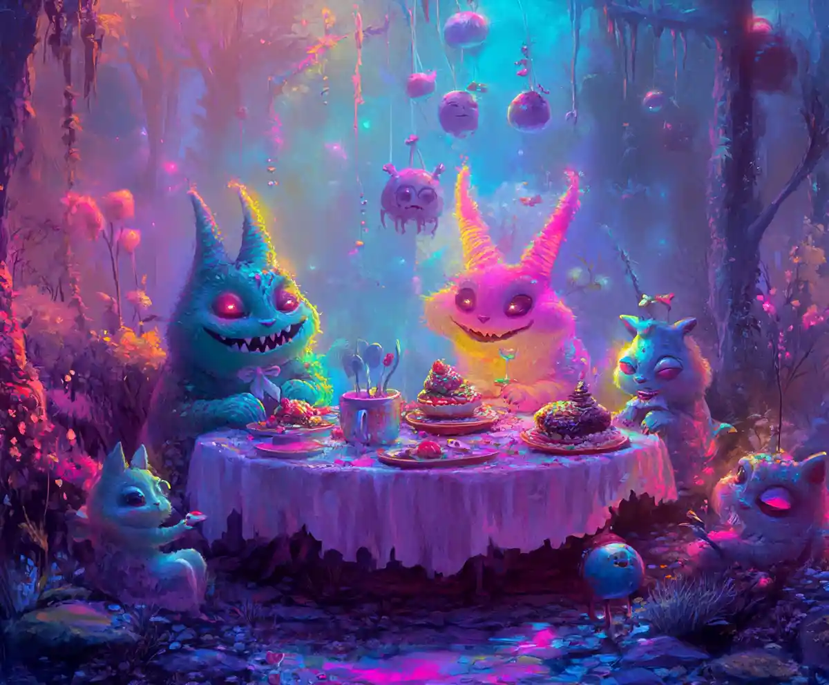 Whimsical creatures sharing breakfast in a mystical forest