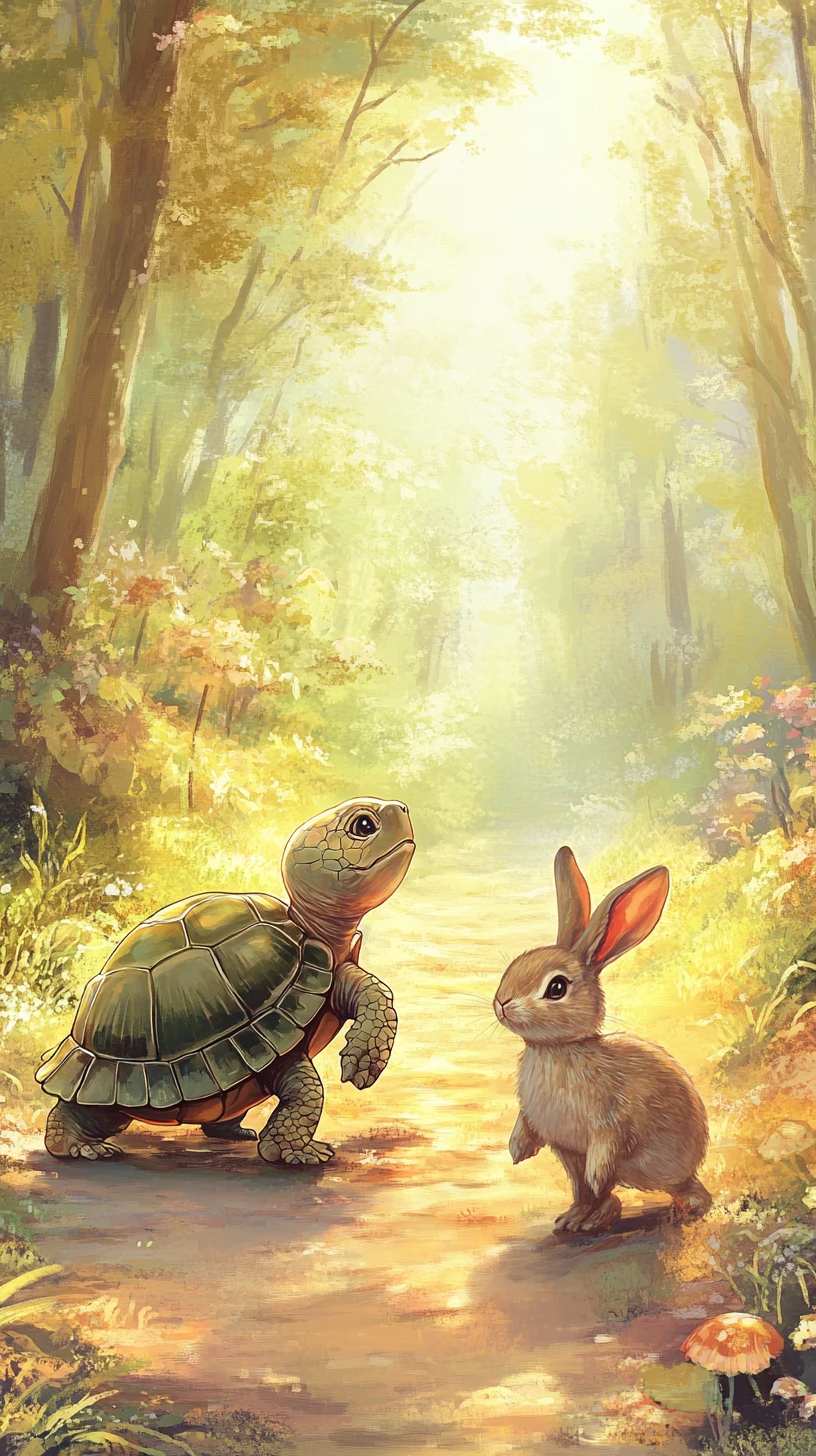 Dolce tartaruga e coniglio su un sentiero tranquillo nel bosco
