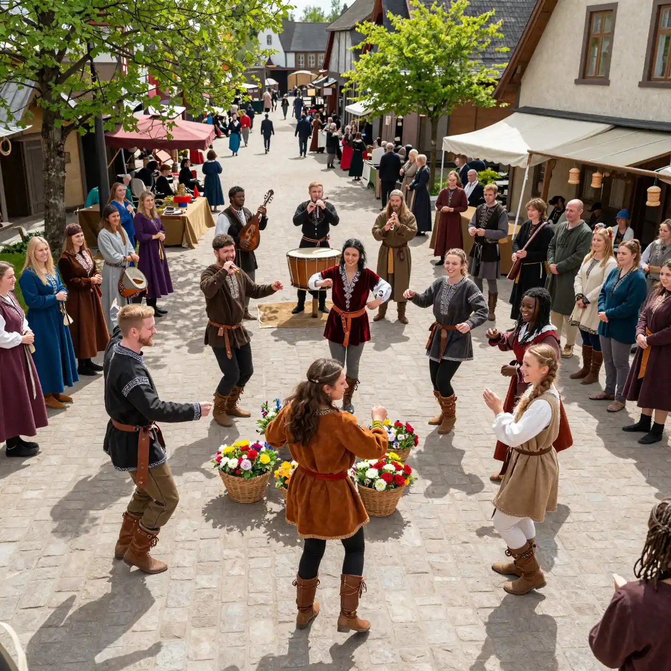 Joyful fantasy crowd dancing in a sunlit medieval street