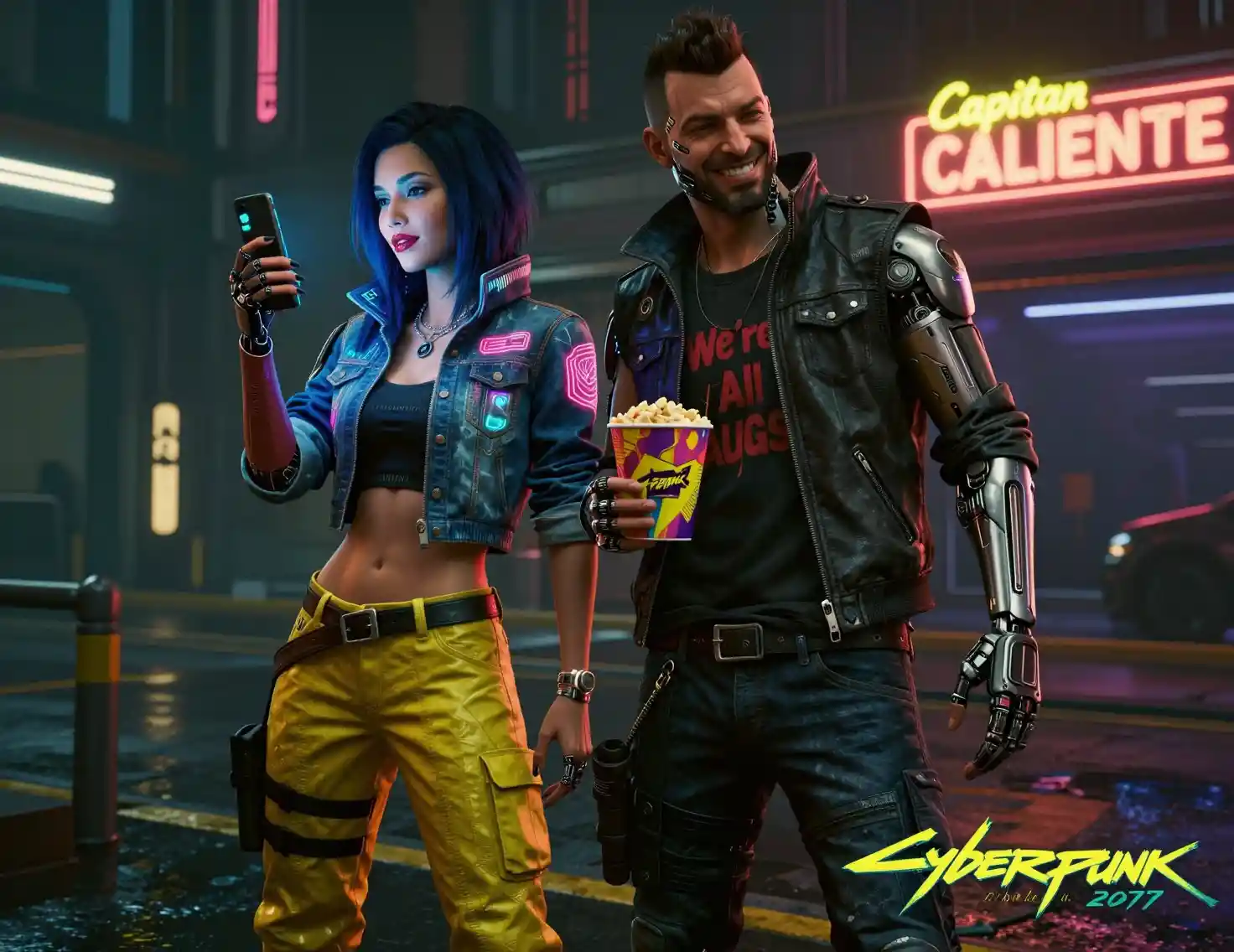 Amici cyberpunk aumentati in una strada cittadina illuminata al neon