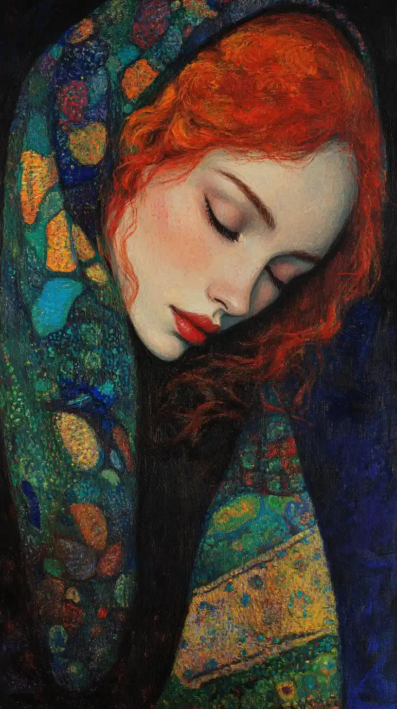 Mujer pelirroja fusionándose con un vacío surrealista azul oscuro