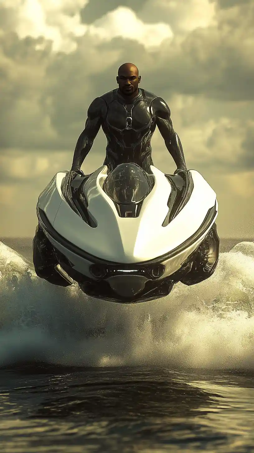 Homme puissant pilotant un élégant aéroglisseur de science-fiction en mer