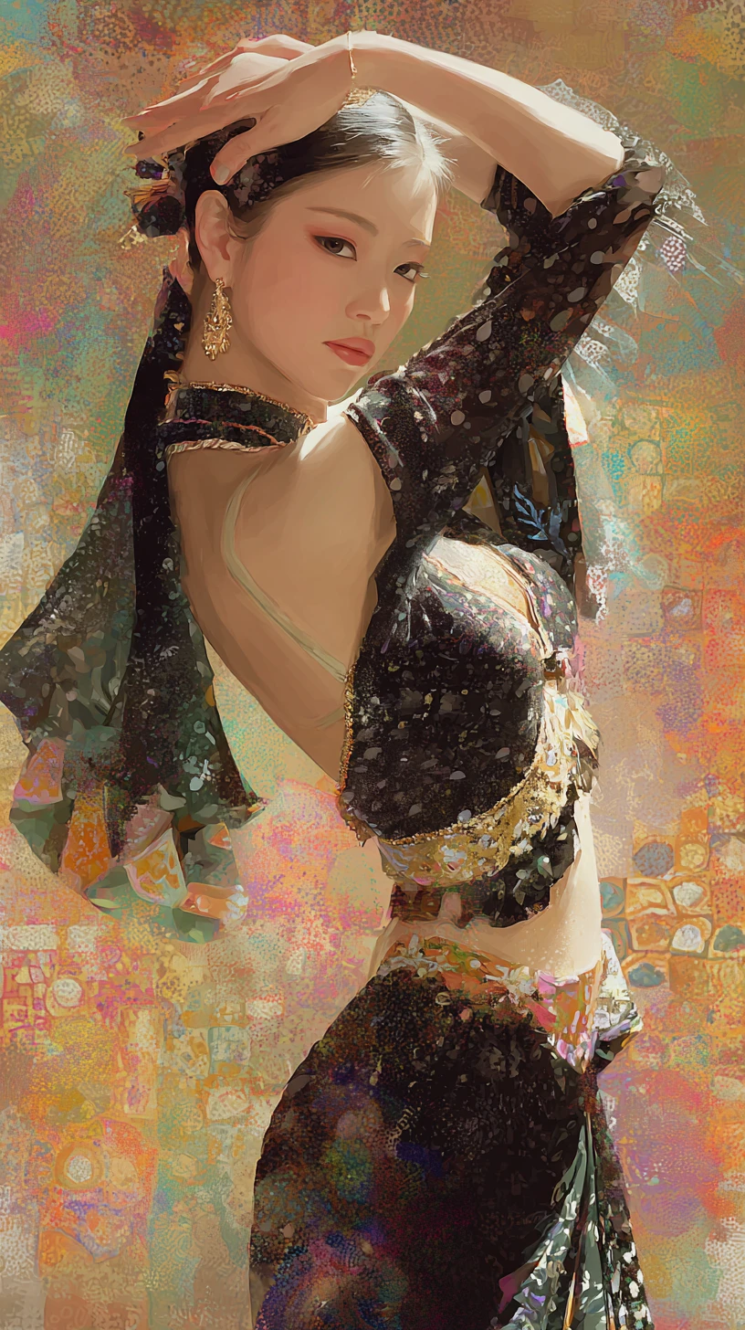 Ballerina in stile anime ispirata a Klimt in vivace stile pittorico