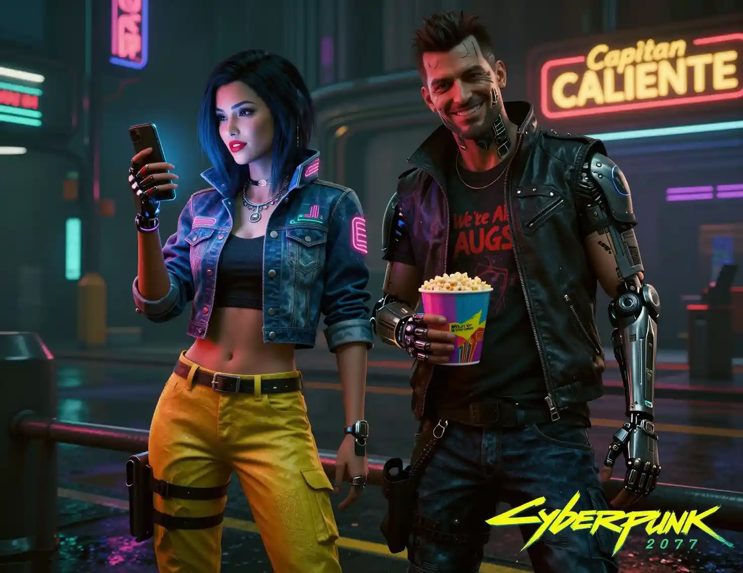 Coppia cyberpunk in strada al neon che condivide popcorn e smartphone