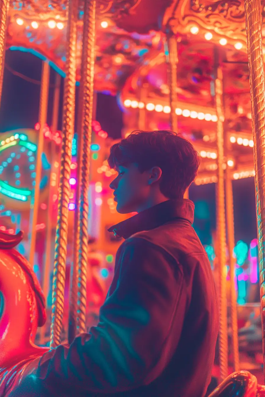 Melancholic lofi illustration of a spinning cold carousel