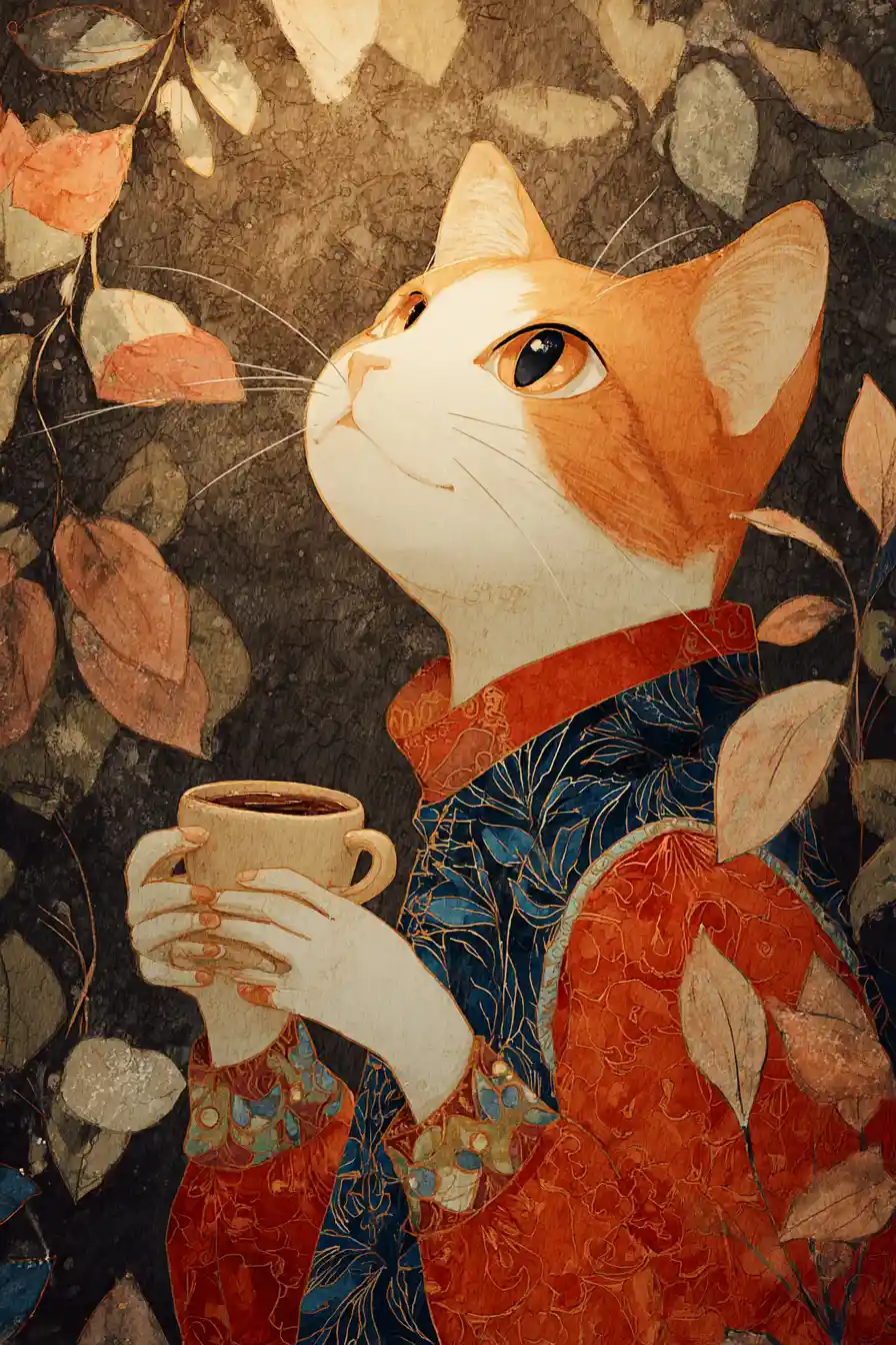 Fröhliche Kaffeekatze-Illustration in warmen, verspielten Farben