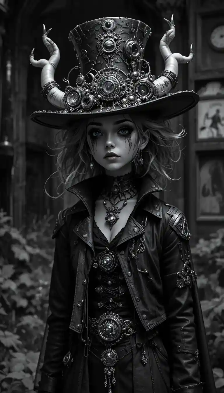 Steampunk vampire character in black and white symmetrical design