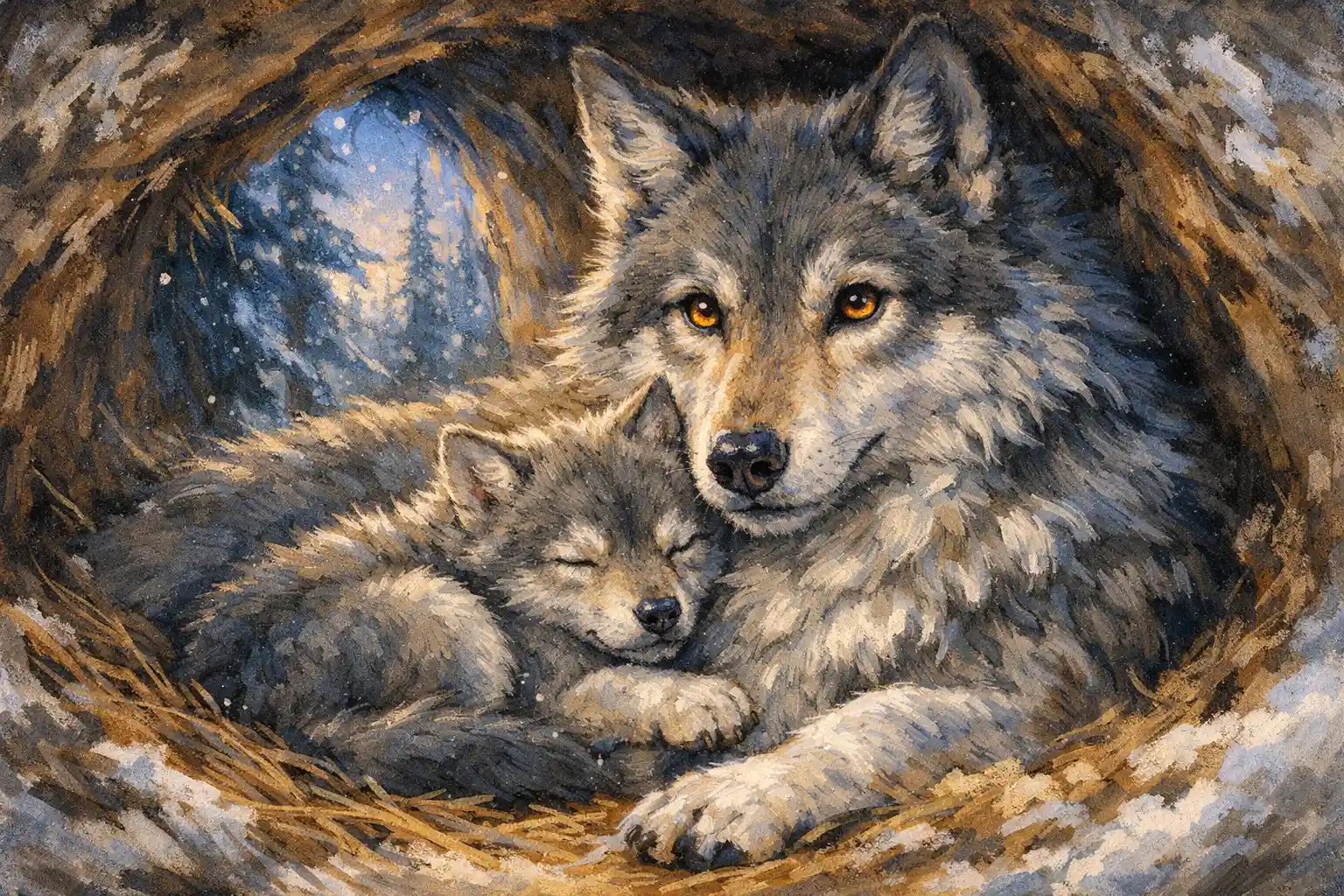 Wolf pup resting safely with mother in snowy forest den