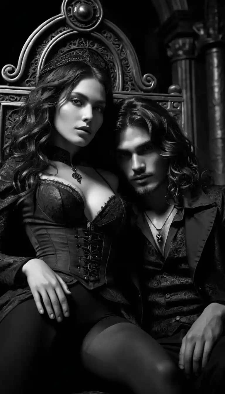 Close up dark romance portrait in a fantasy throne room
