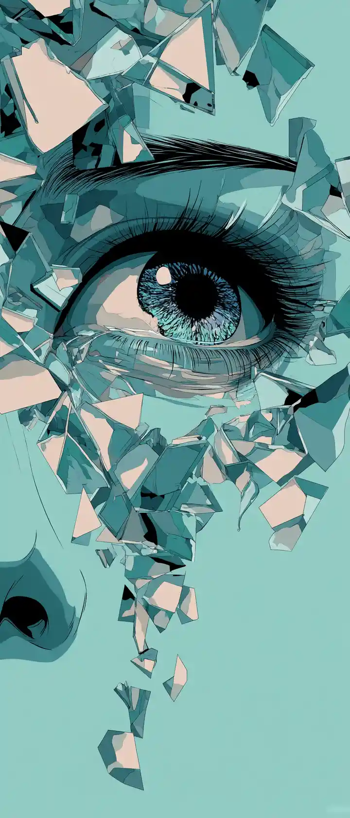 Shattered Mirror Frame Reflecting A Fragmented Crying Anime Eye