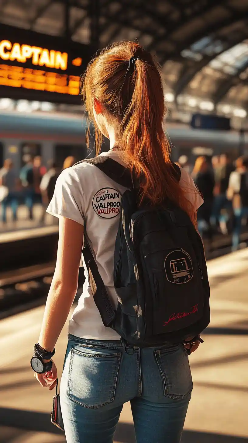 Young traveler on a sunlit modern train station platform