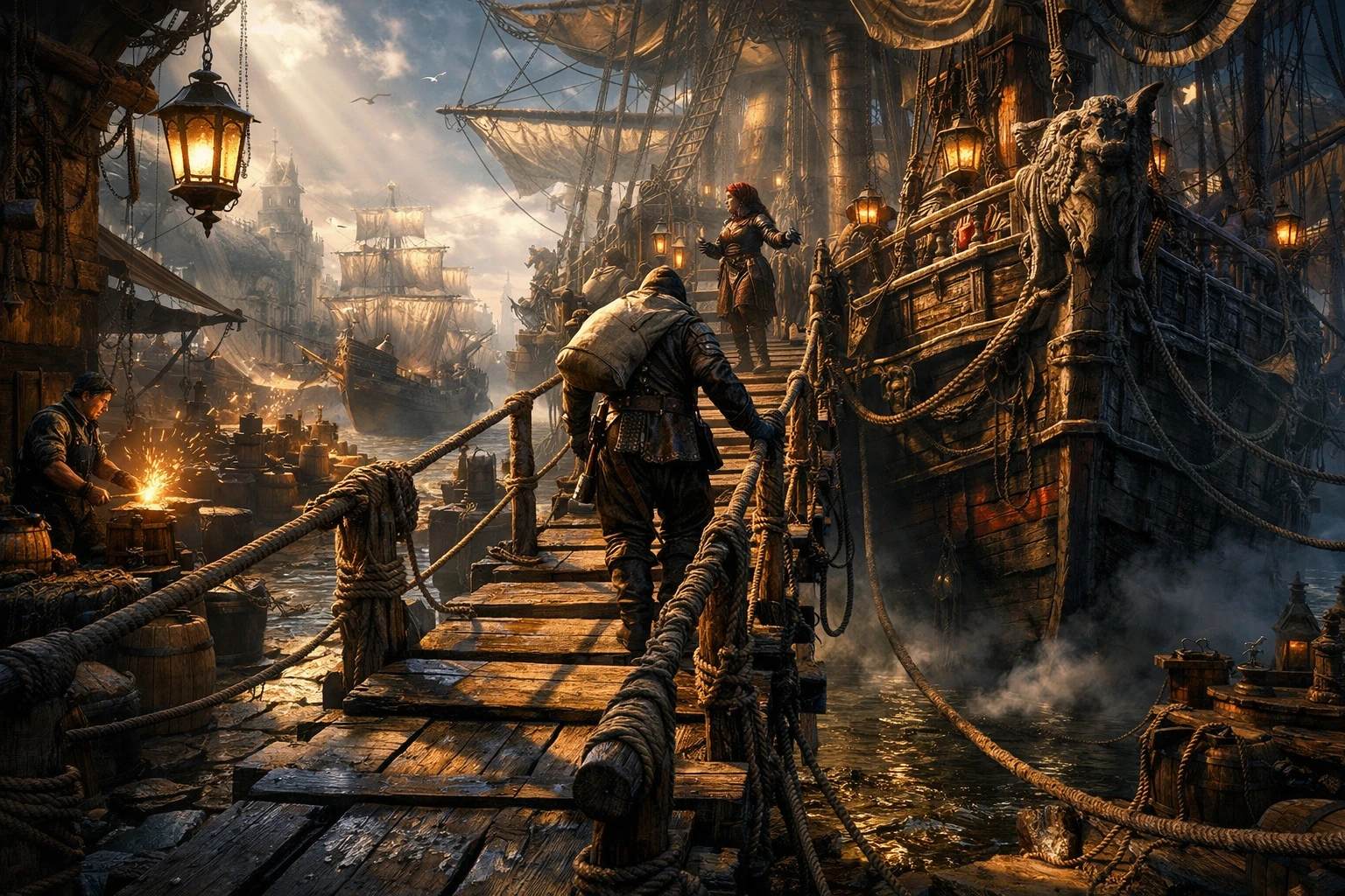 Porto medieval surreal com trabalhadores embarcando em um grande navio