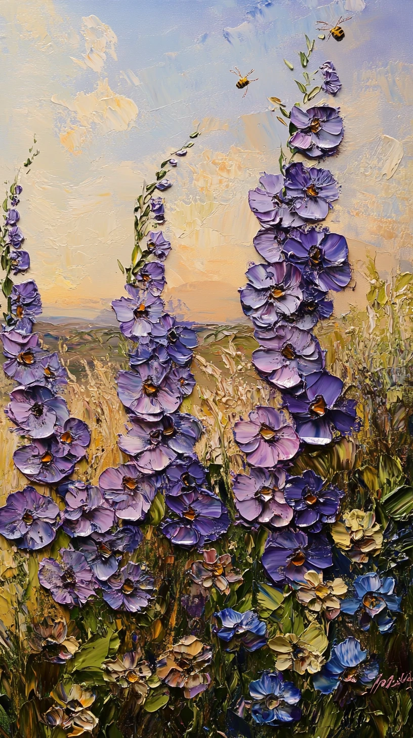 Moita de Flores Roxas Pintada em Impasto ao Nascer do Sol