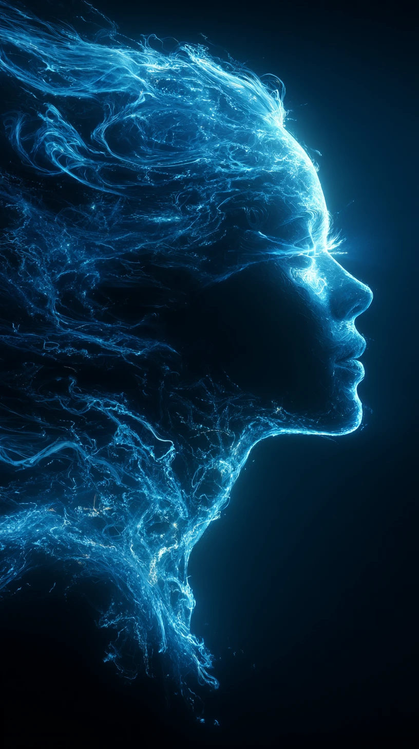 Perfil femenino etéreo formado por luz azul eléctrica