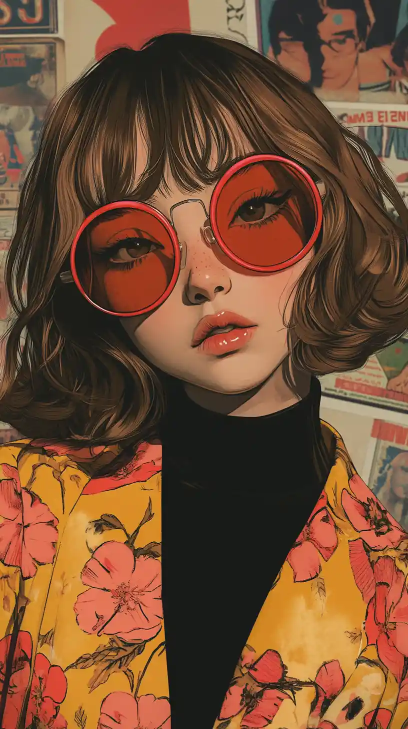 Stylish girl in floral kimono with red round sunglasses