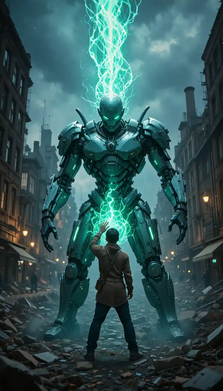 Hero facing damaged robot in ruined stormy city