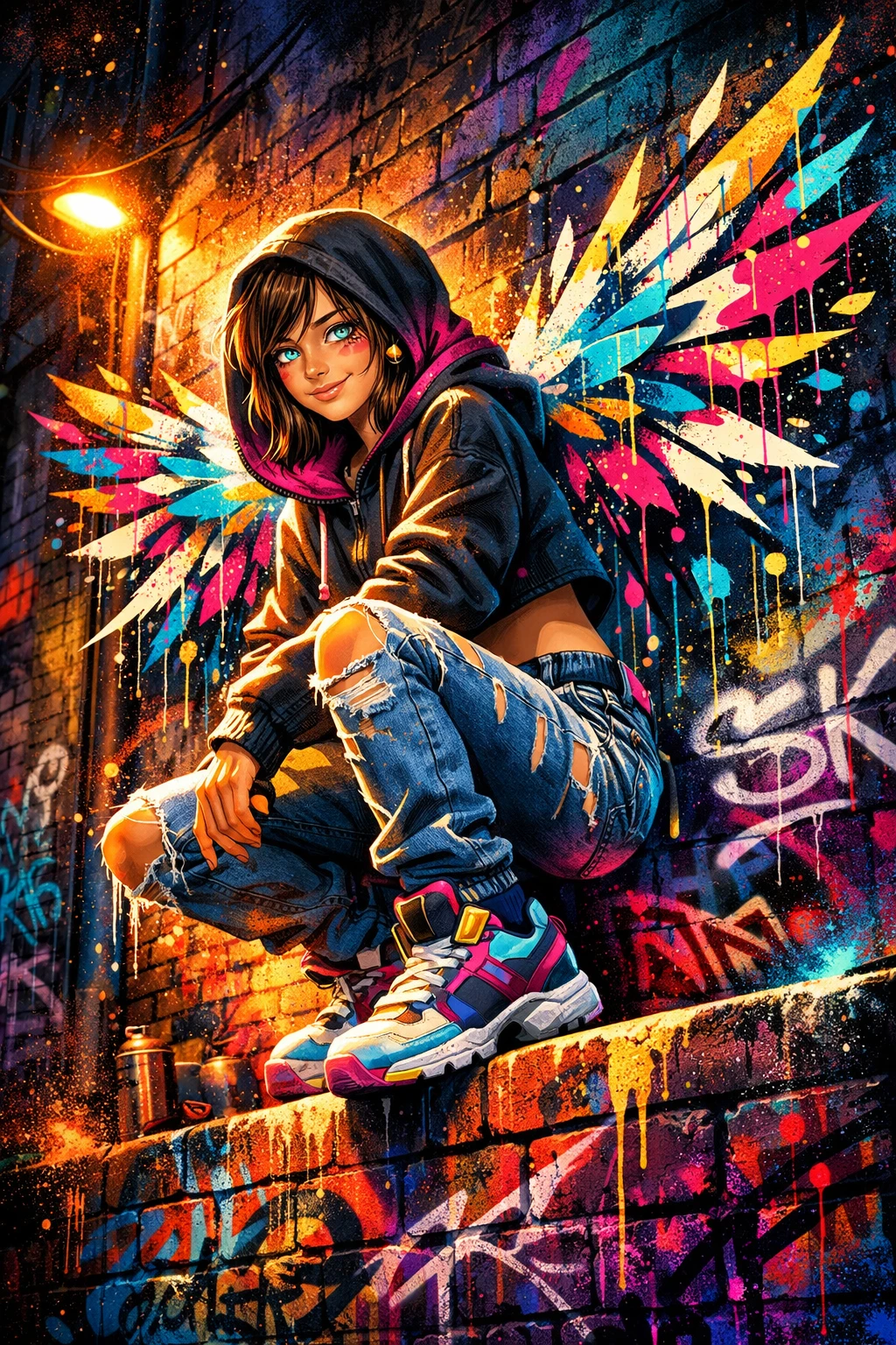 Donna angelo in stile graffiti appollaiata su un muro di mattoni