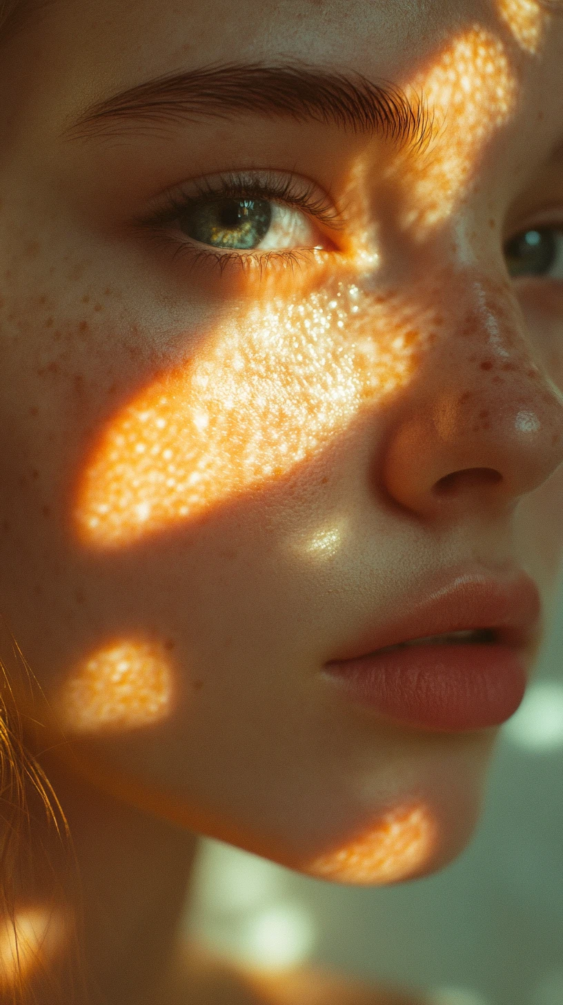 Warm cinematic close up portrait with perforated golden light