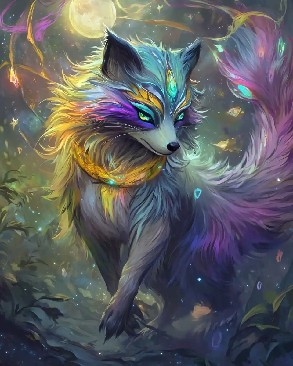 Magical tanuki under a moonlit sky with swirling colors