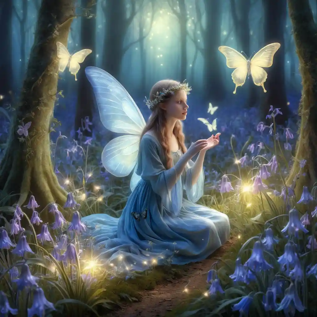 Fairies Dancing In A Glowing Bluebell Forest Meadow