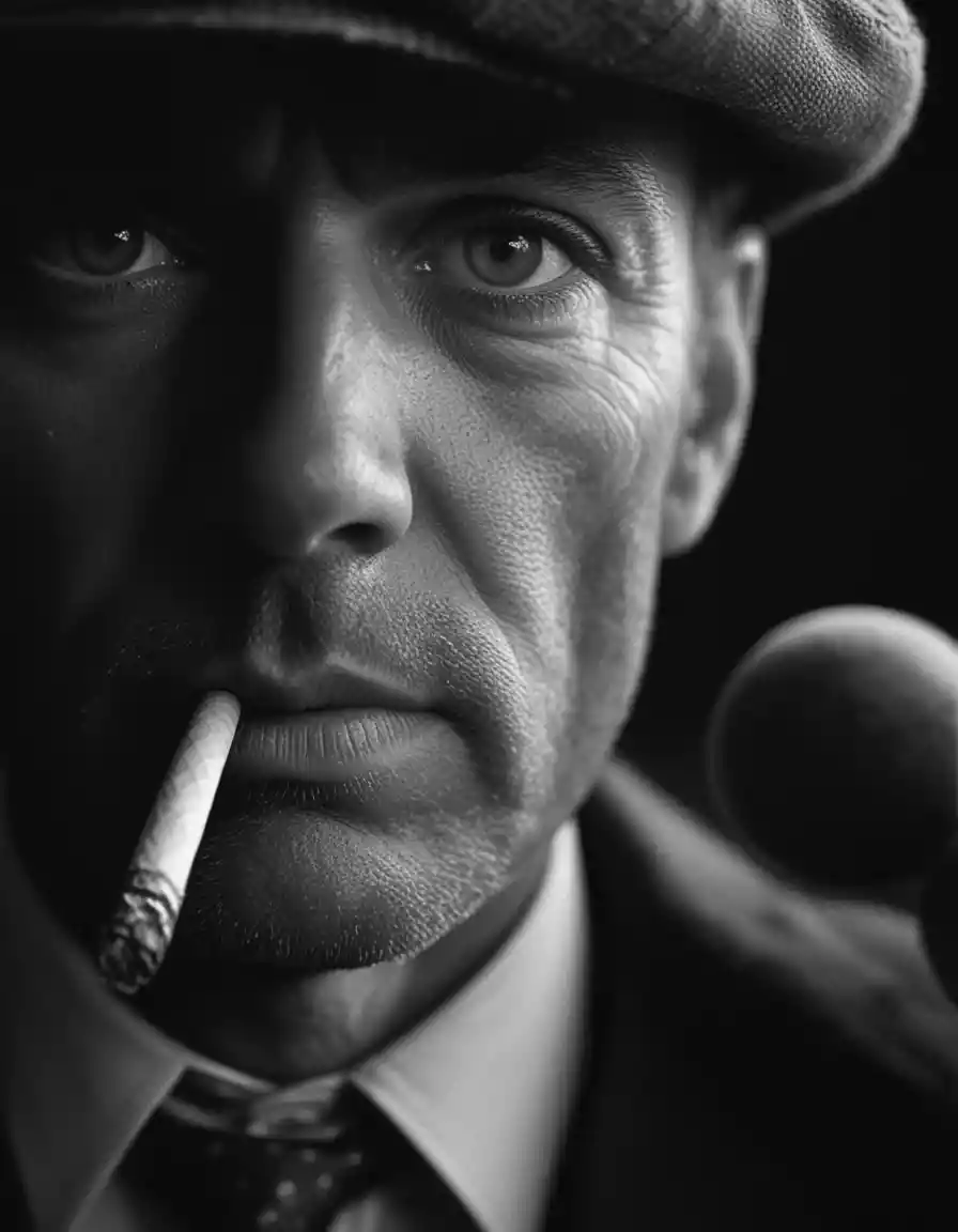 Gritty black and white close up portrait of smoking man