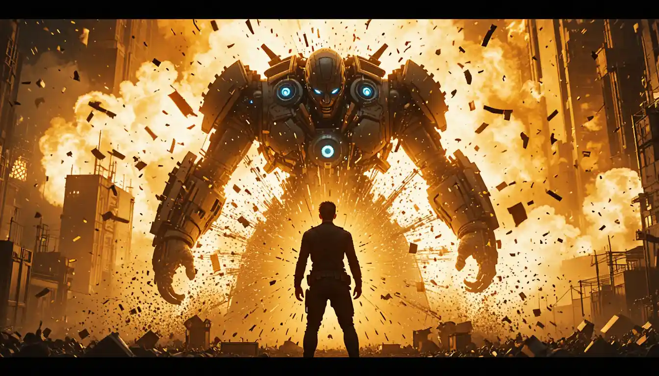Eroe e robot si scontrano nel mezzo di una gigantesca esplosione in città