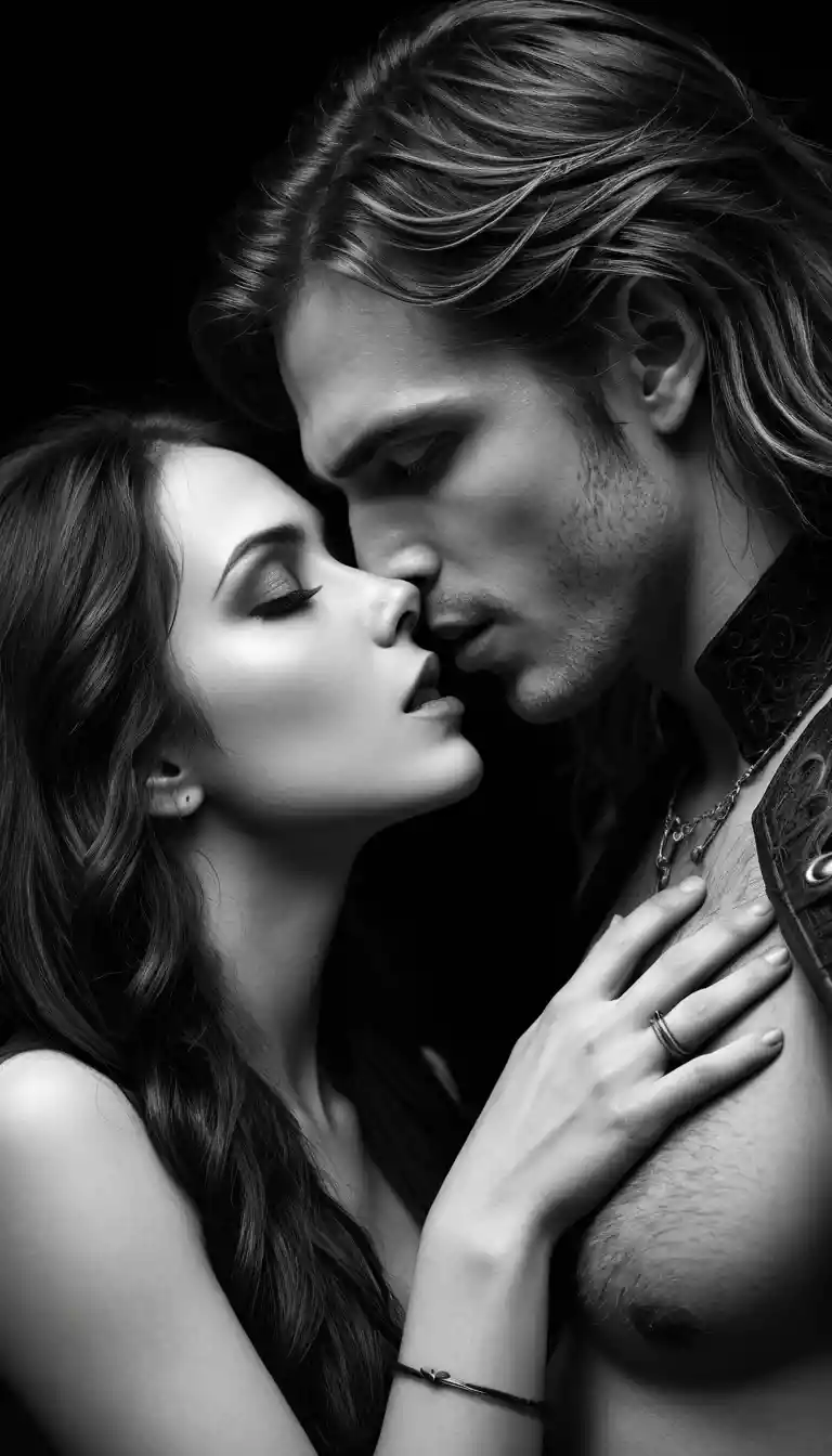 Close up romantic kiss with a seductive vampire woman