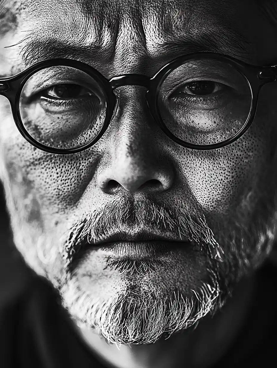 Gritty black and white close up portrait of an old man