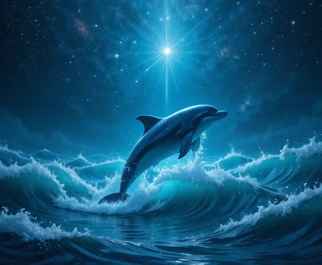 Delfino che scivola in un oceano turchese a mezzanotte sotto le stelle