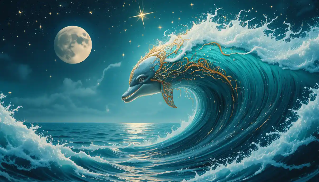 Fantasy dolphin gliding through a glowing turquoise ocean