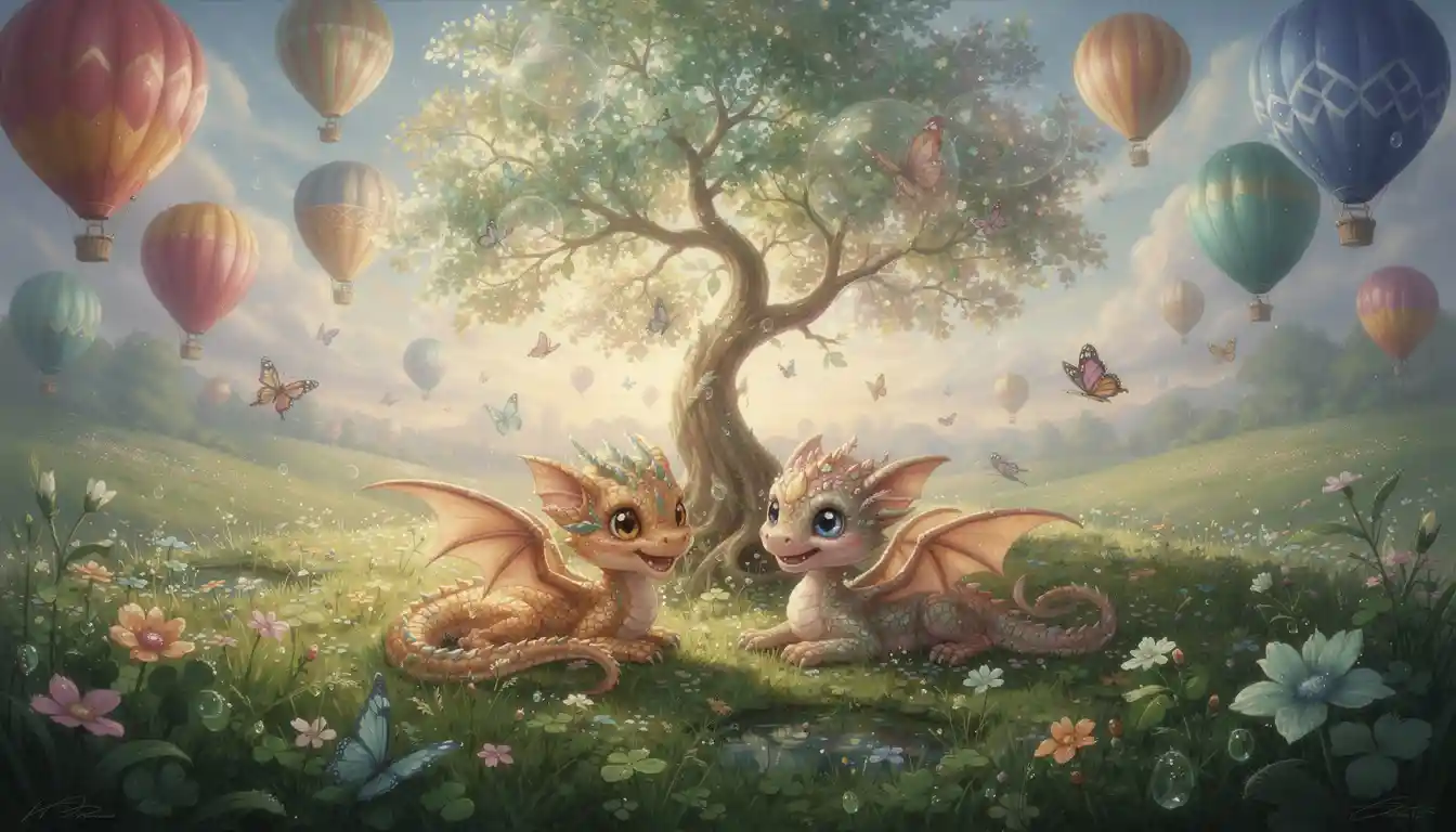 Babydrachen ruhen in einer leuchtenden Fantasiewiese