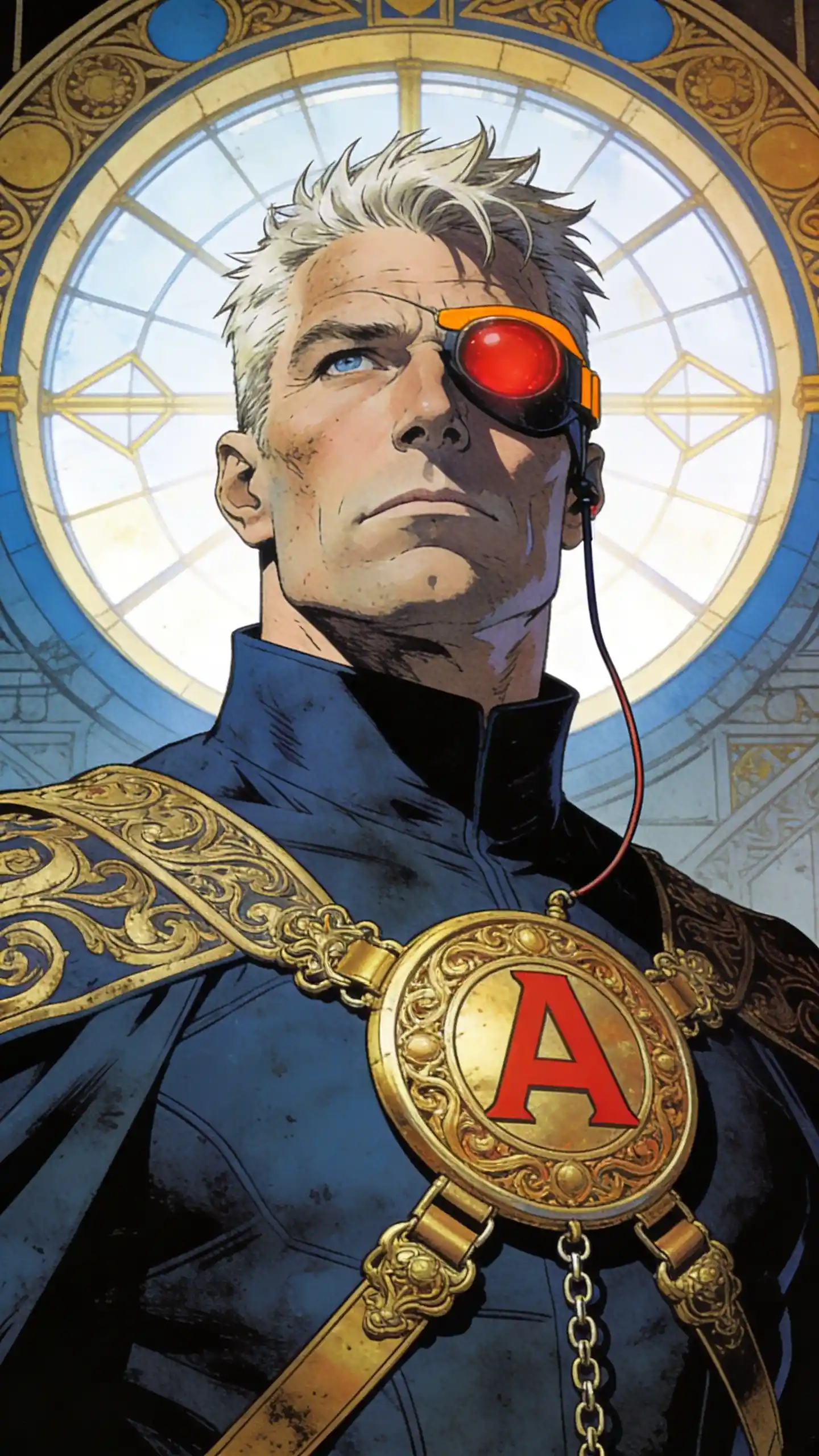 Stoic sci fi hero in ornate blue and gold tunic
