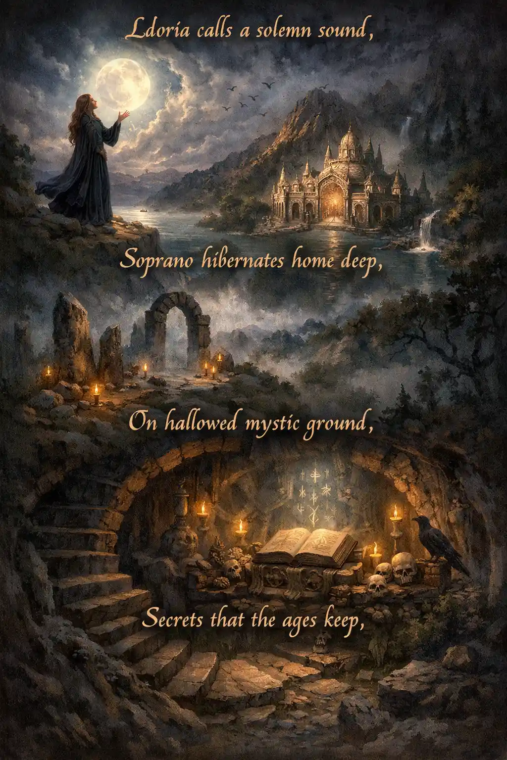 Solemn call echoing across a hallowed mystic landscape