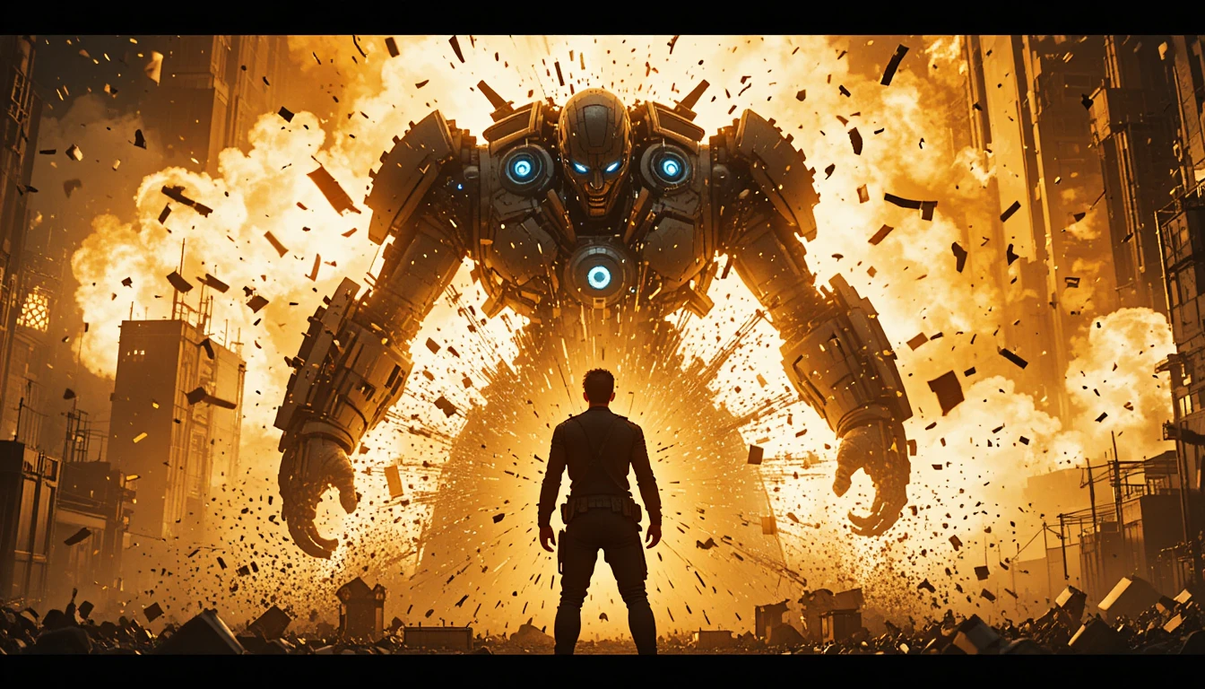 Hero and robot clash amid massive city explosion