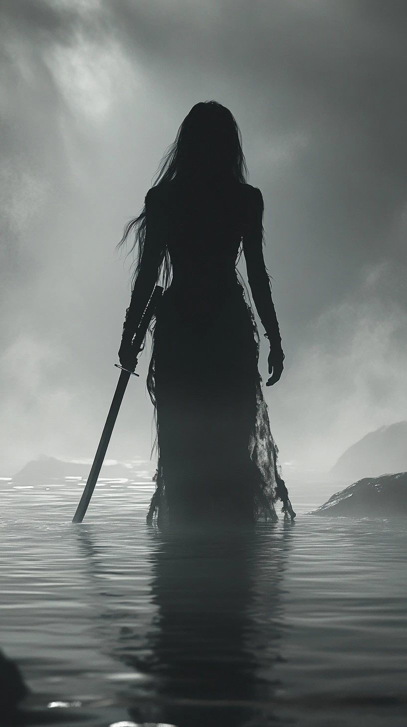 霧の水辺に立つ刀を持つ女戦士のシルエット