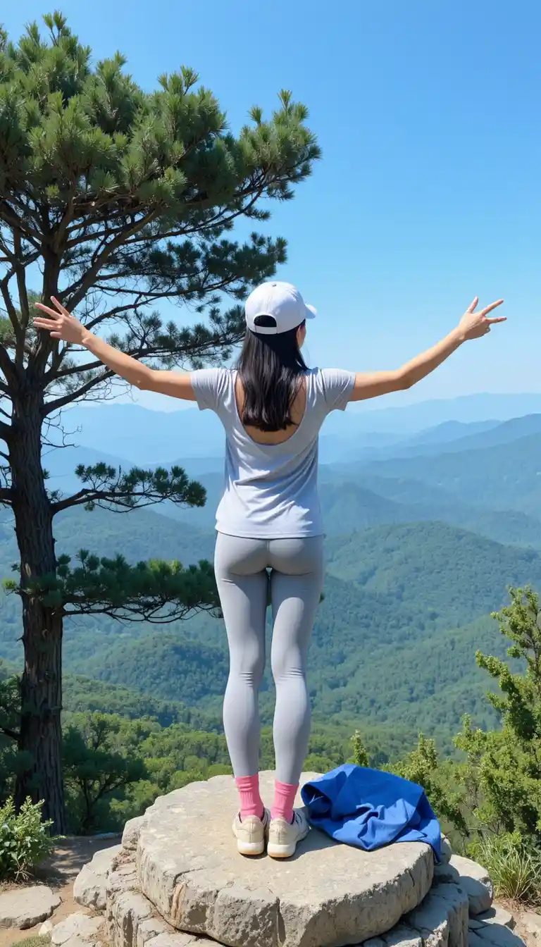Mujer con los brazos extendidos contemplando un paisaje verde de montañas