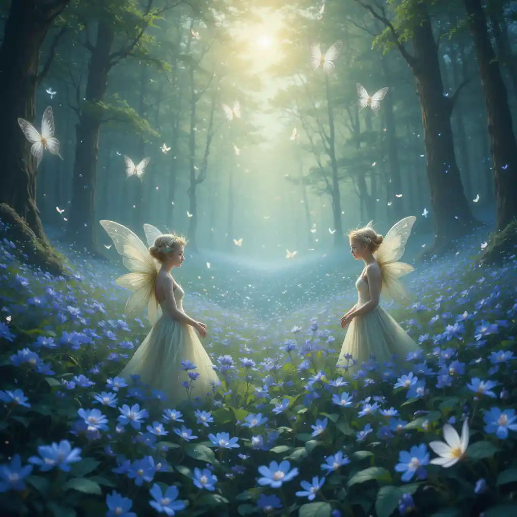 Dreamy fairies dancing in a glowing bluebell forest