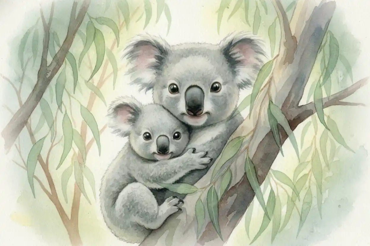 Baby koala cuddling its mother in soft watercolor forest