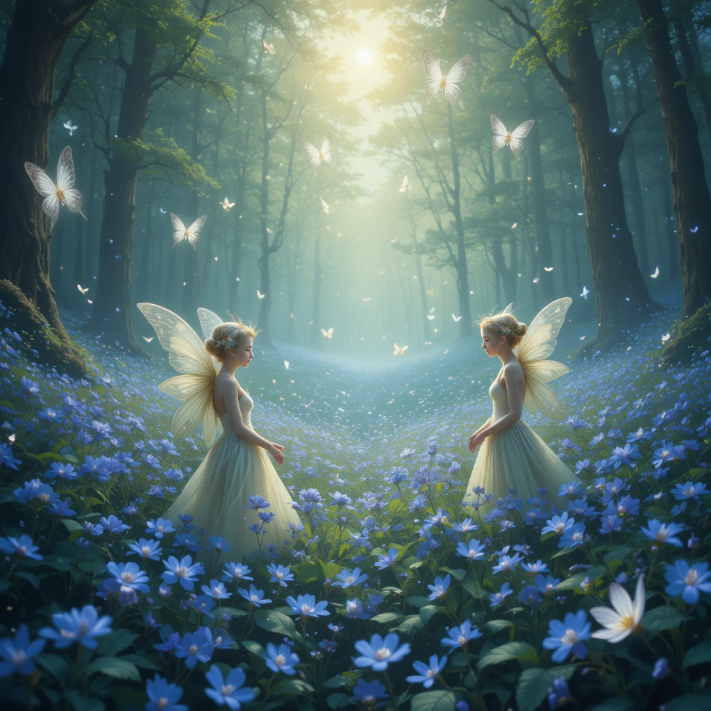 Fate sognanti danzano in una foresta di campanule luminose