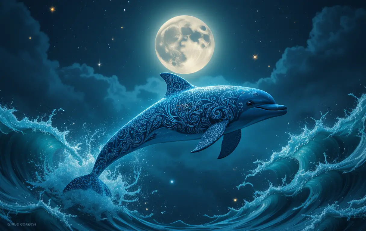 部落風海豚在天體月夜星空下滑行