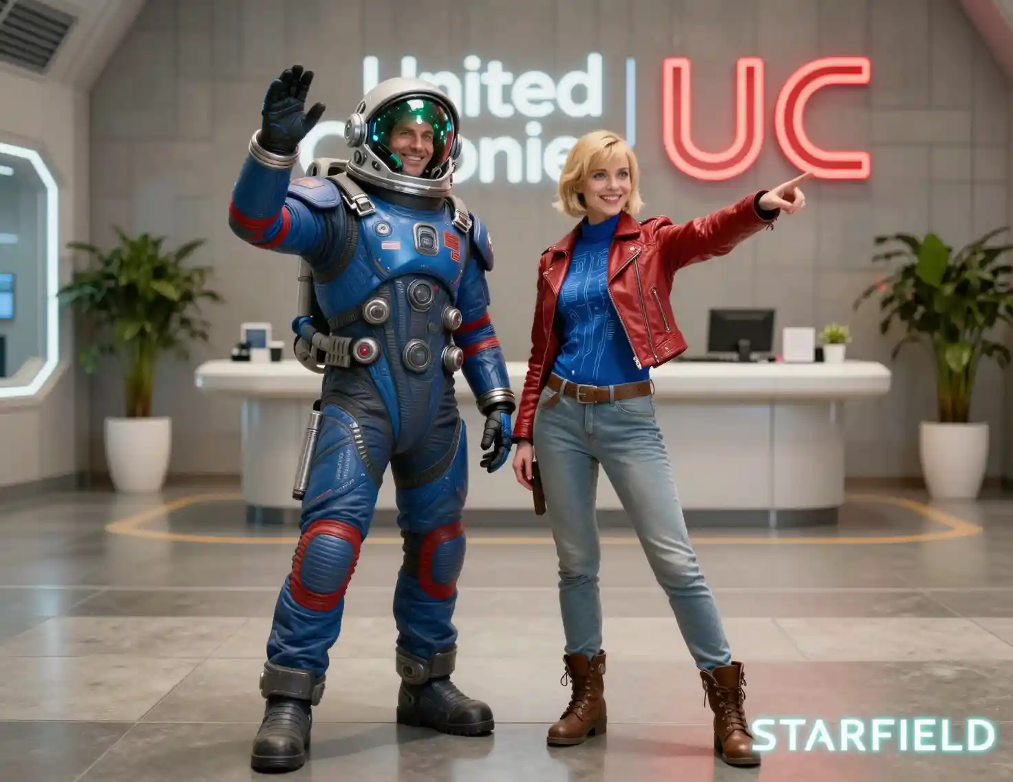 Two astronauts posing in a bright futuristic lobby