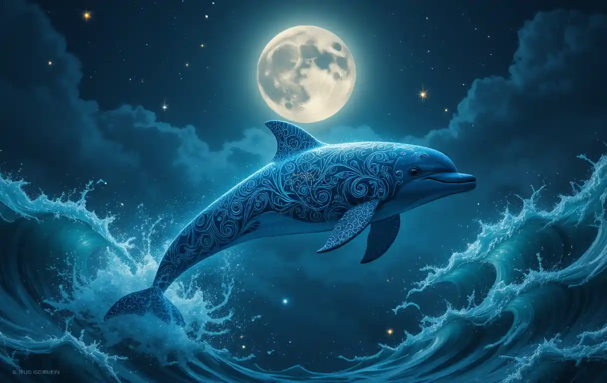 Tribal Dolphin Gliding Under A Celestial Moonlit Sky