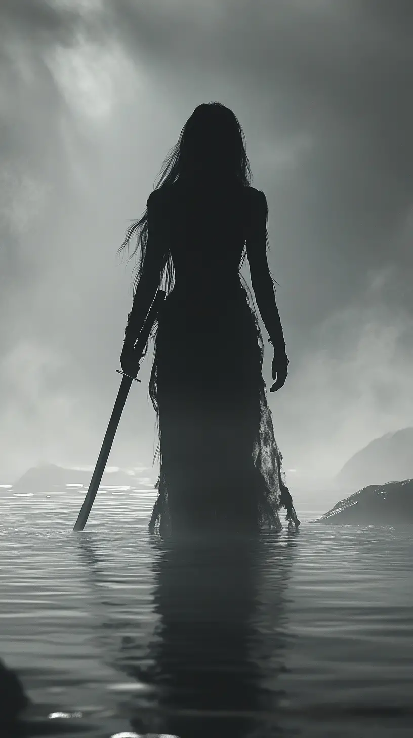 霧の水辺に立つ刀を持つ女戦士のシルエット
