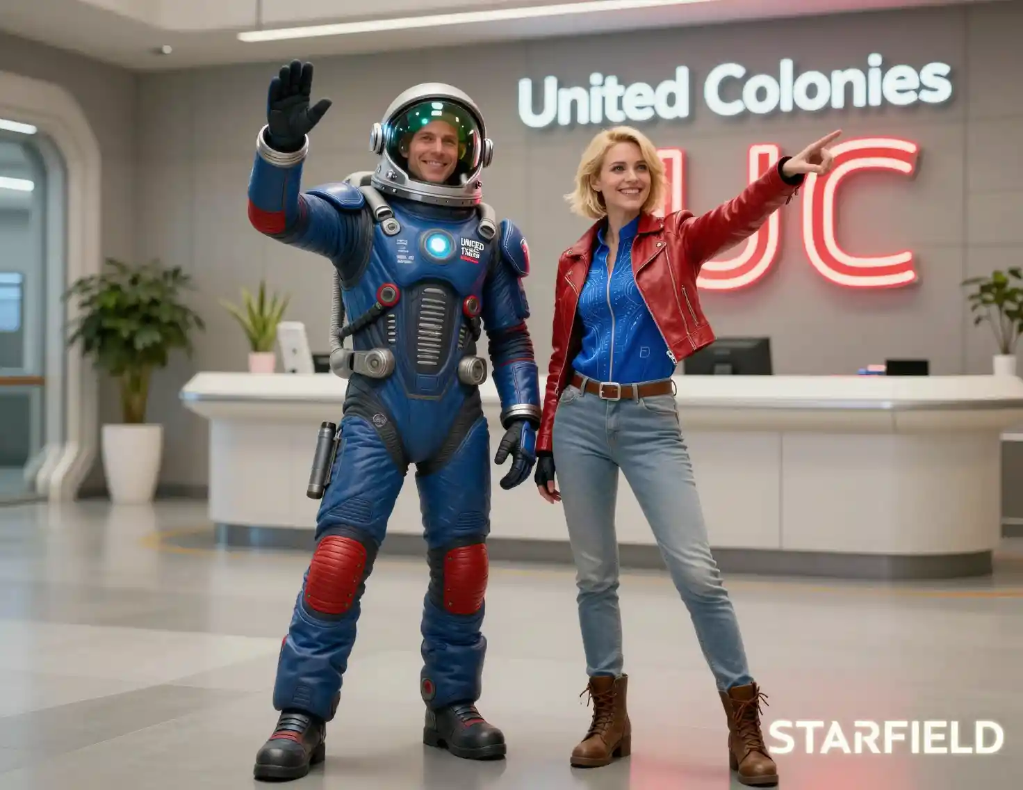 Astronaut and woman posing in a futuristic space lobby